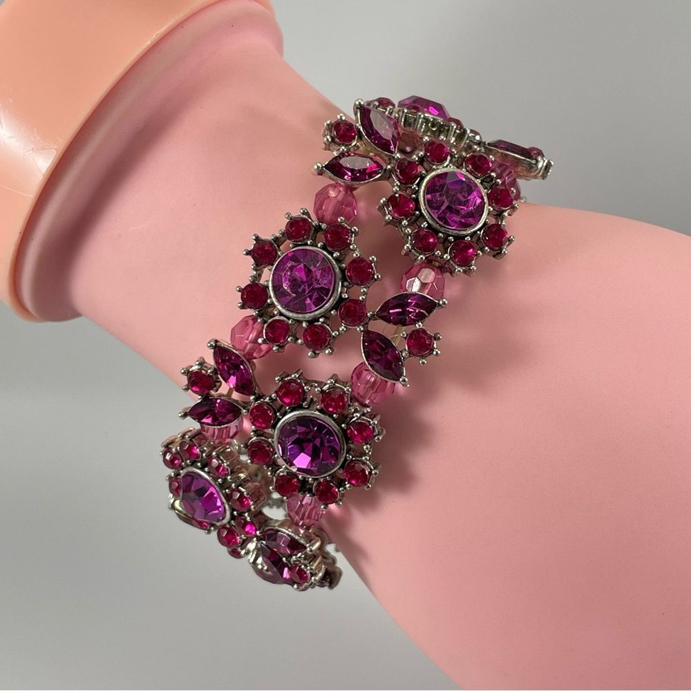 Pink Colorful Glass Rhinestone Fashion Flower Stretch Bracelet Women Silver Tone